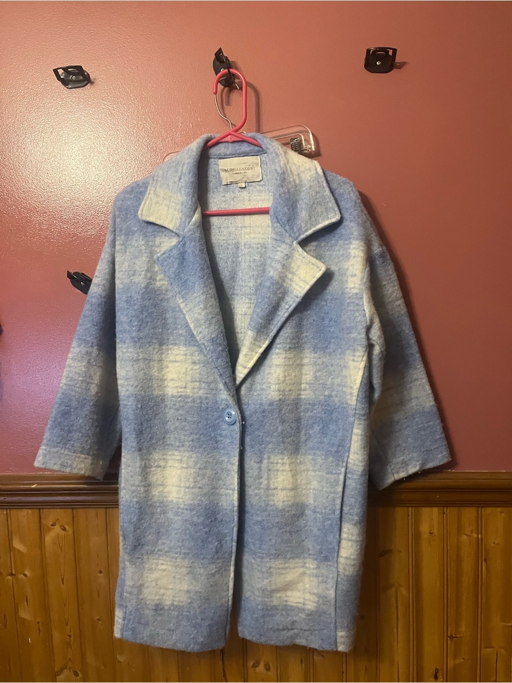 Madewell Blue and White Plaid Wool-Blend Pea Coat